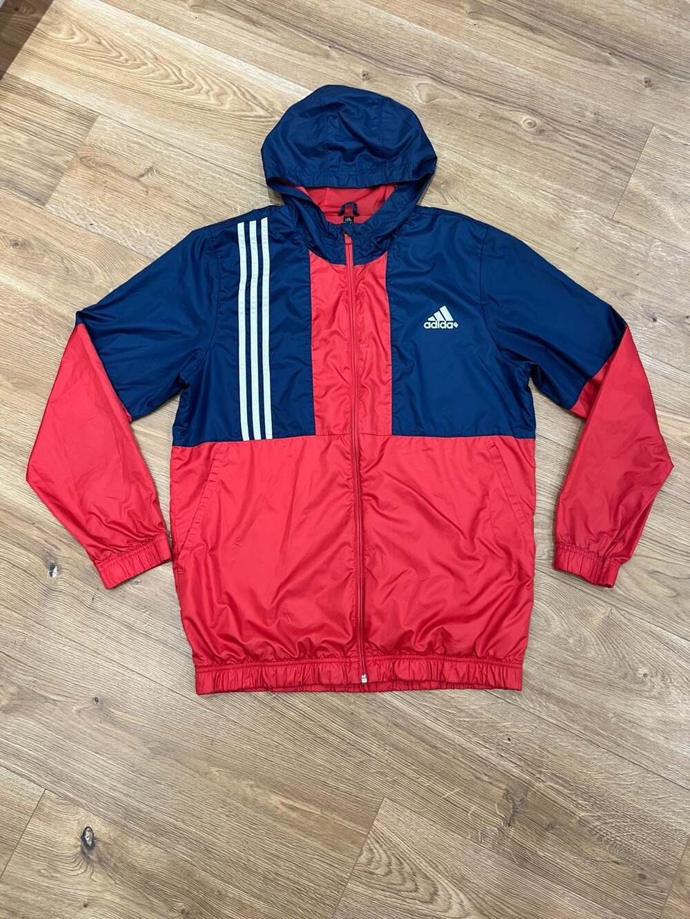 Adidas Windbreaker Jacket Men’s L Red Navy Blue Full Zip Hooded